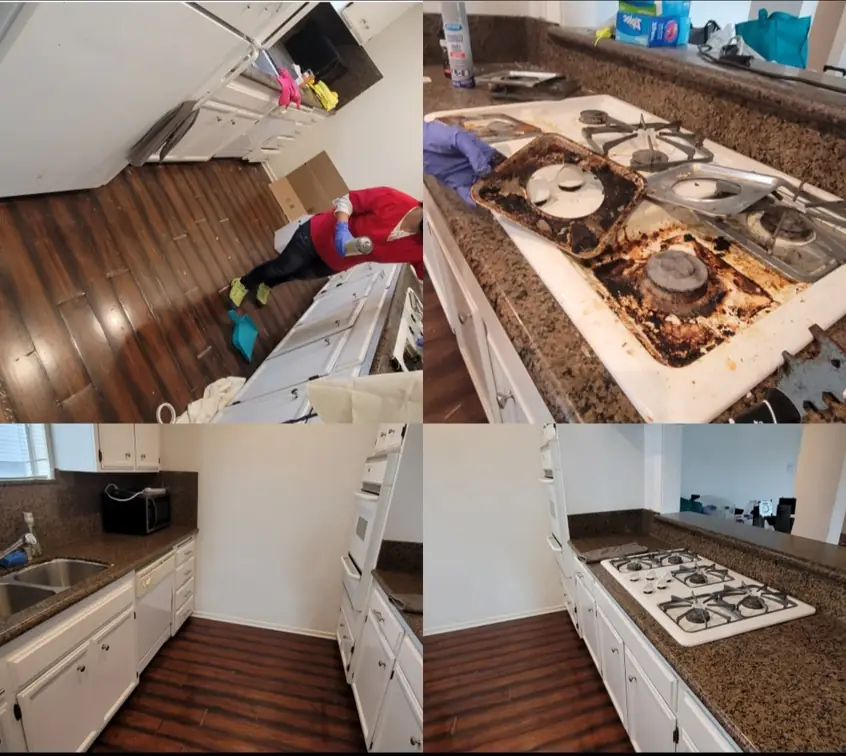 Four panels of a stovetop and floor before and after cleaning