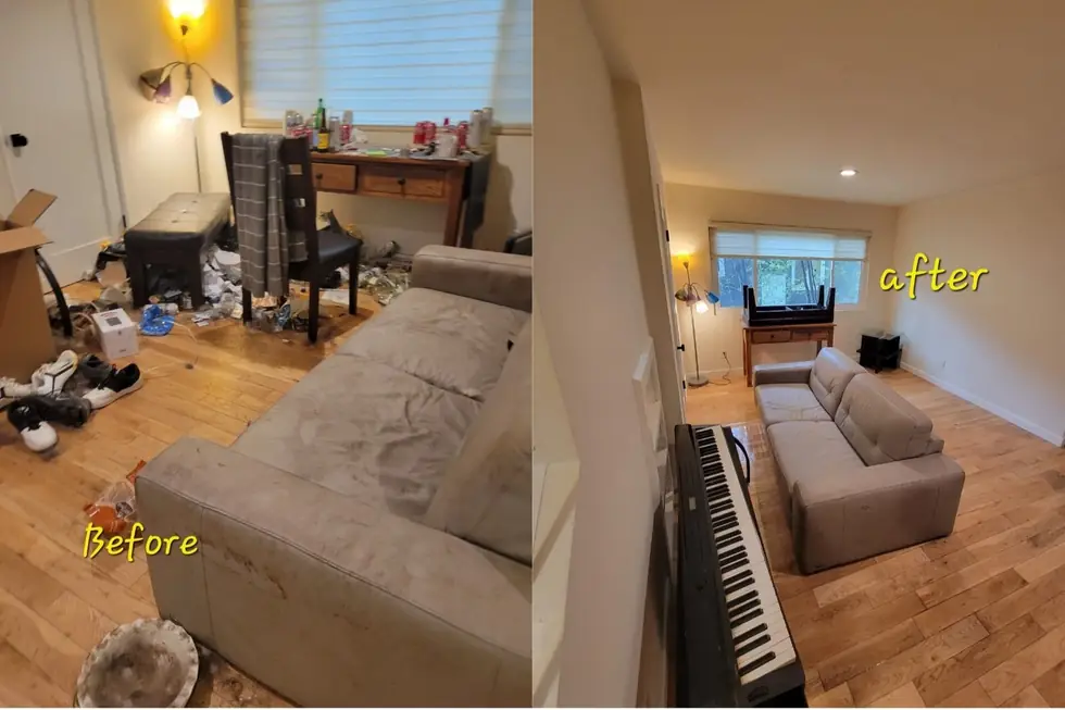 Before and after of a cluttered living room cleared and cleaned, with the piano and sofa set straight