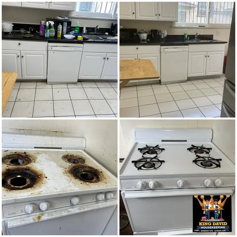 Four panels of a kitchen and white gas stove before and after cleaning